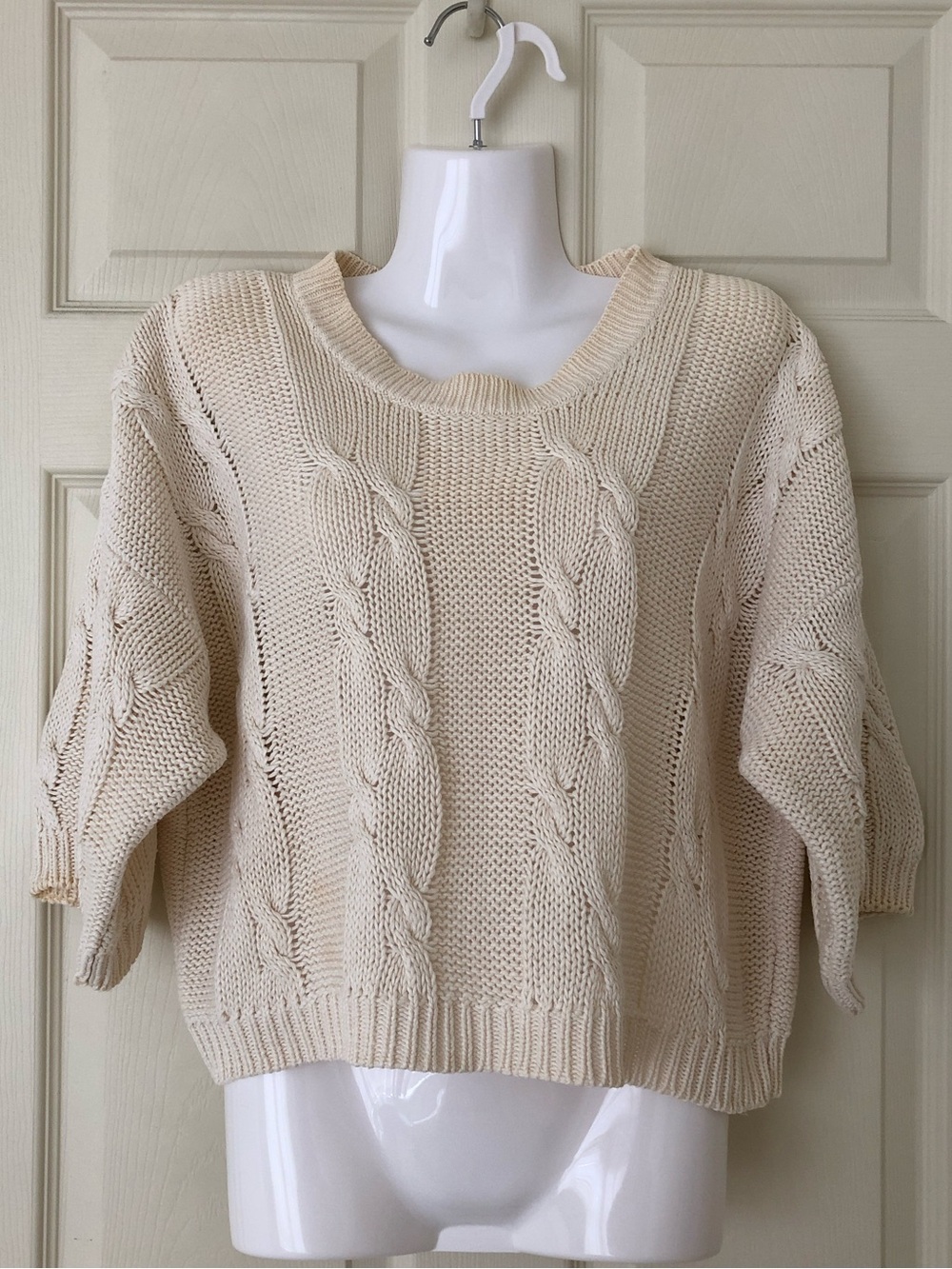 Vtg Forenza 3/4 Sleeve Cropped Cable Knit Sweater Ramie/Cotton Blend Size Large